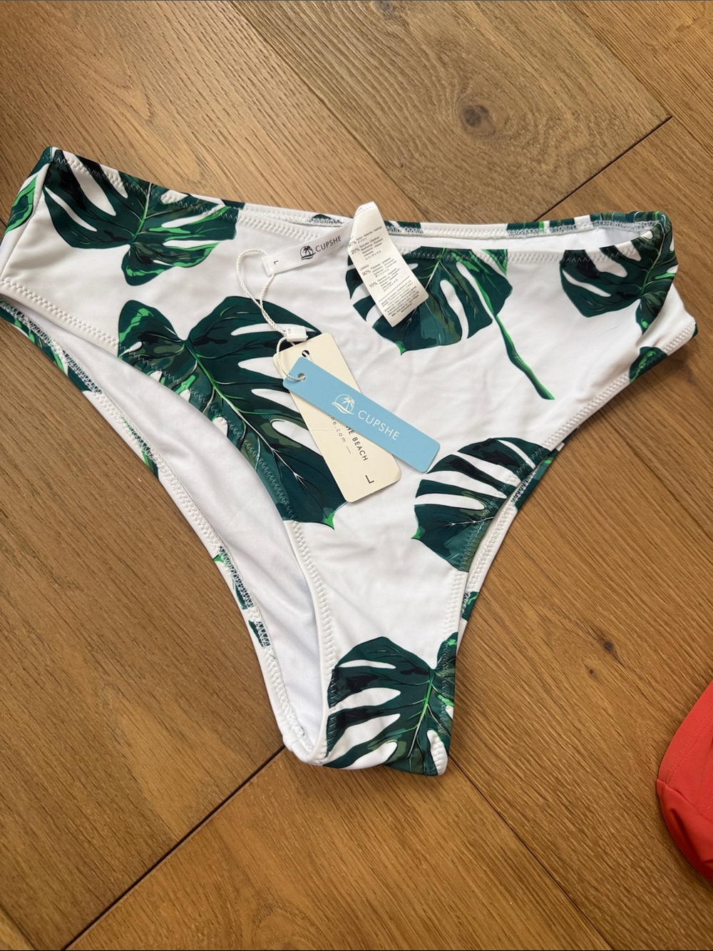 Cupshe White Bikini Bottom with Green Tropical Leaf Print